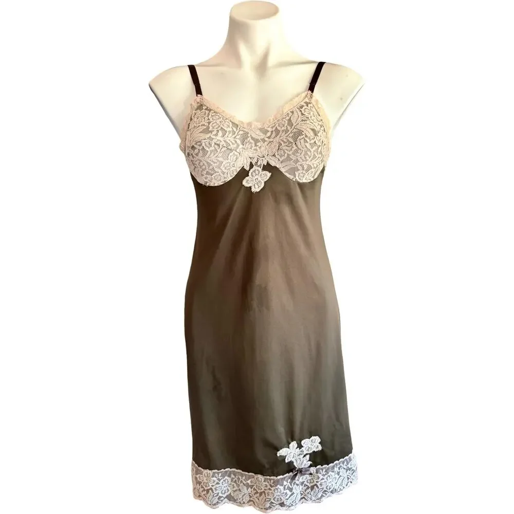Vintage 60s Formfit Rogers Olive Full Slip Lace Bodice Floral Appliqué Sz 34